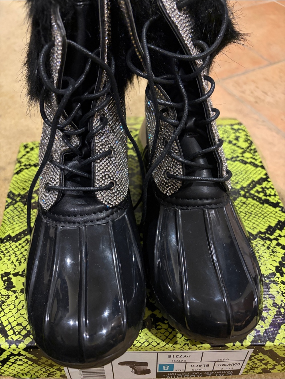 Black Lace-Up Women's Duck Boots with Faux Fur Trim